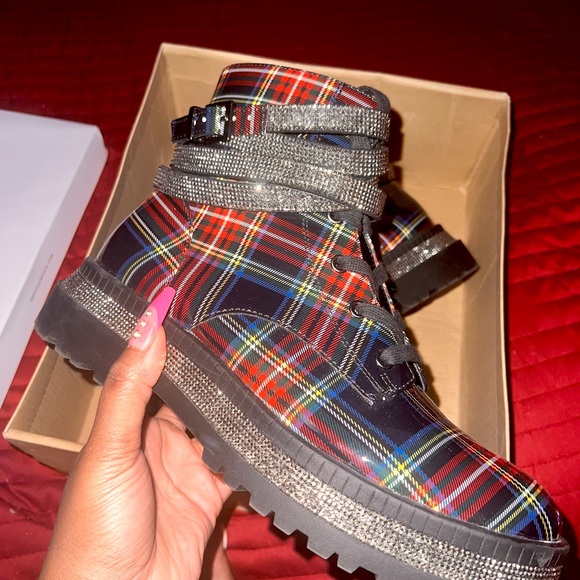 Jessica Simpson Plaid /Rhinestone Combat Boots - Picture 1 of 2